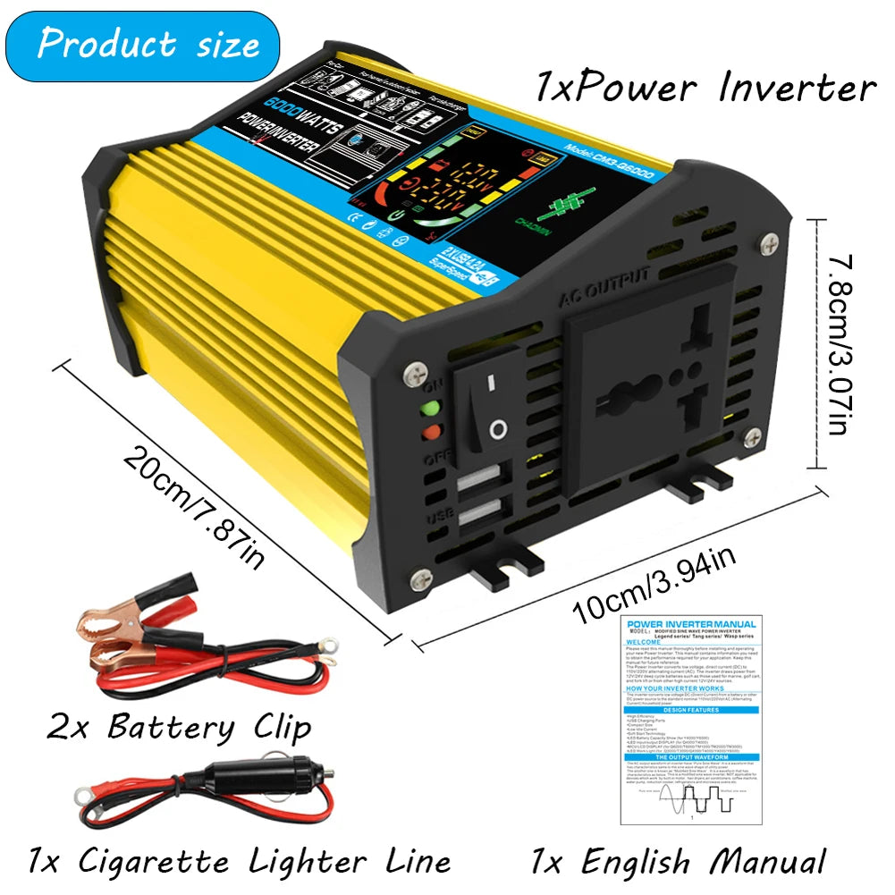 6000/4000/3000W Car Inverter 12V to 110/220V Vehicle Smart Inverter LCD Display Voltage Transformer Dual USB Car Power Supply