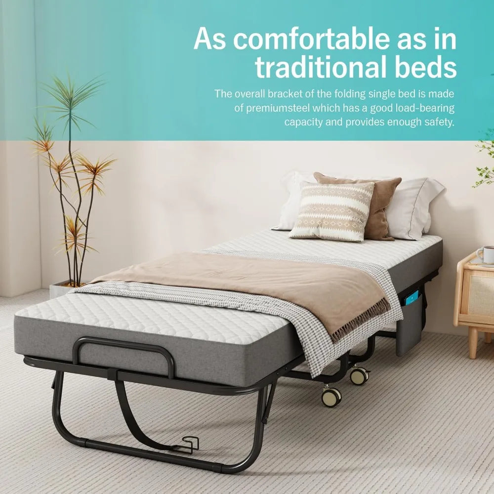 Folding Bed with Mattress for Adults, Portable Cot-Size Rollaway Bed, Metal Frame Foldable Guest Bed with Memory Foam Mattress