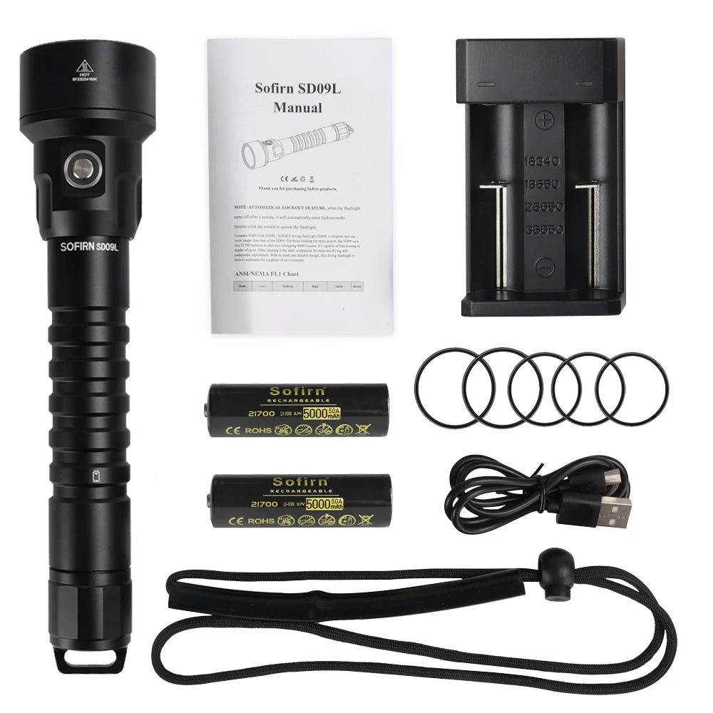 New Sofirn Diving Light SD09L SST40 LED Flashlight 6800lm 21700 USB Rechargeable Underwater Waterproof Torch