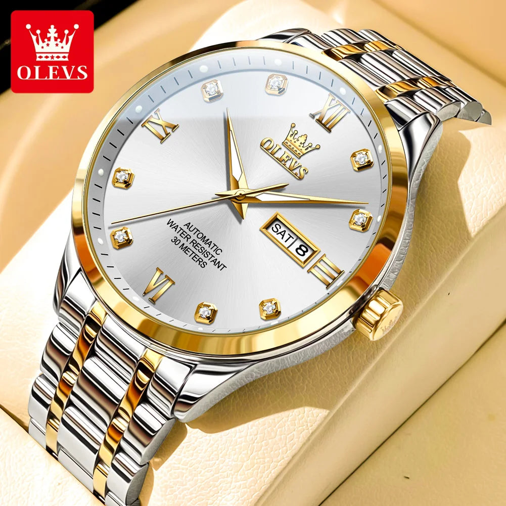 OLEVS 9946 New In Automatic Mechanical Watch for Man Luxury Diamond Dial Dual Calendar Display Auto Date Clock Waterproof Watch