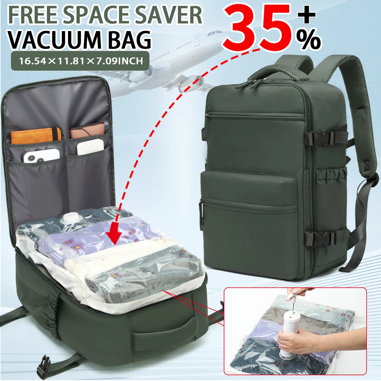 Vacuum Storage Travel Backpack, Airline Carry-On Bag, Business Laptop Backpack & Tote Bag for Men and Women