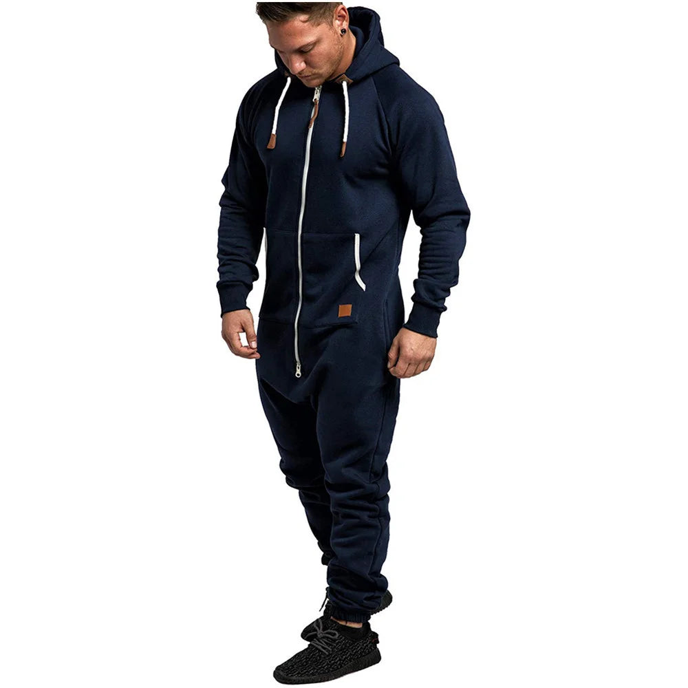 Mens Onesie Jumpsuit Pajamas Long Sleeve Sweatpants Pure Color Splicing Autumn Winter Casual Hoodie Male Zipper Jumpsuit