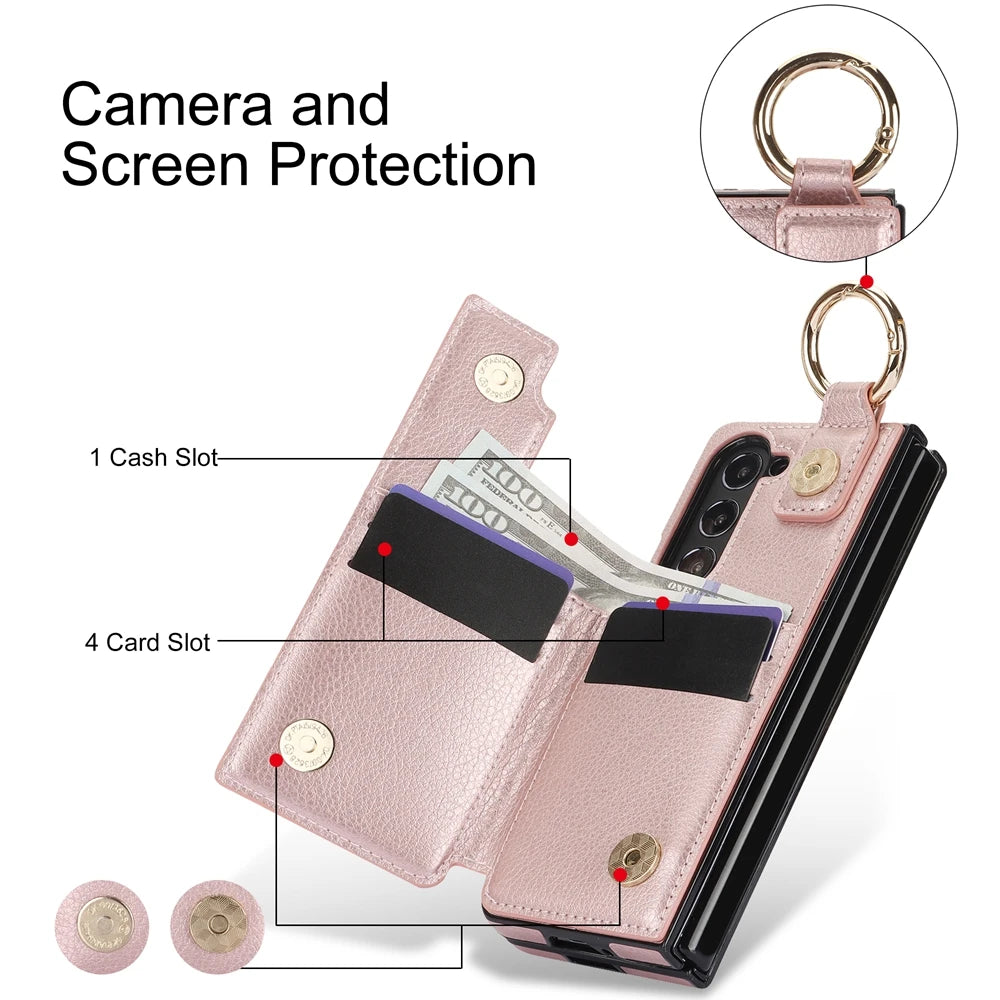 Ring Bucket Wallet Phone Case For Samsung Galaxy Z Fold7 Z Fold 6 5 7 4 3 Leather Case Kickstand Pen Cash Card Slots Phone Cover