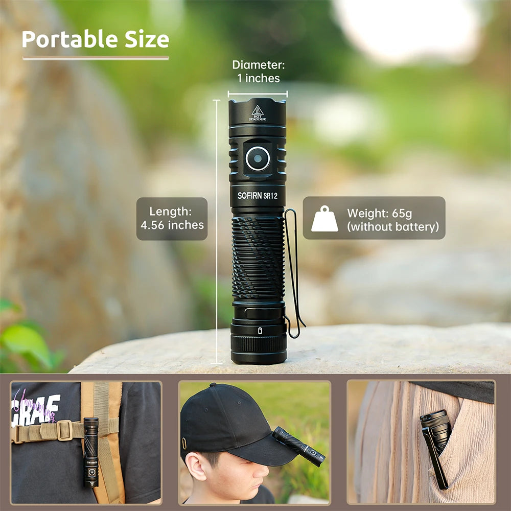 Sofirn SR12 EDC Flashlight 1450LM Powerful Light SFT25R LED 18650 USB C Rechargeable Torch IP68 Waterproof