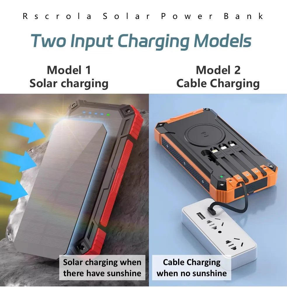 Long-lasting Solar Power Bank, Portable Solar External Battery Pack Built-in Cables, Portable Wireless Charger with Solar Panel