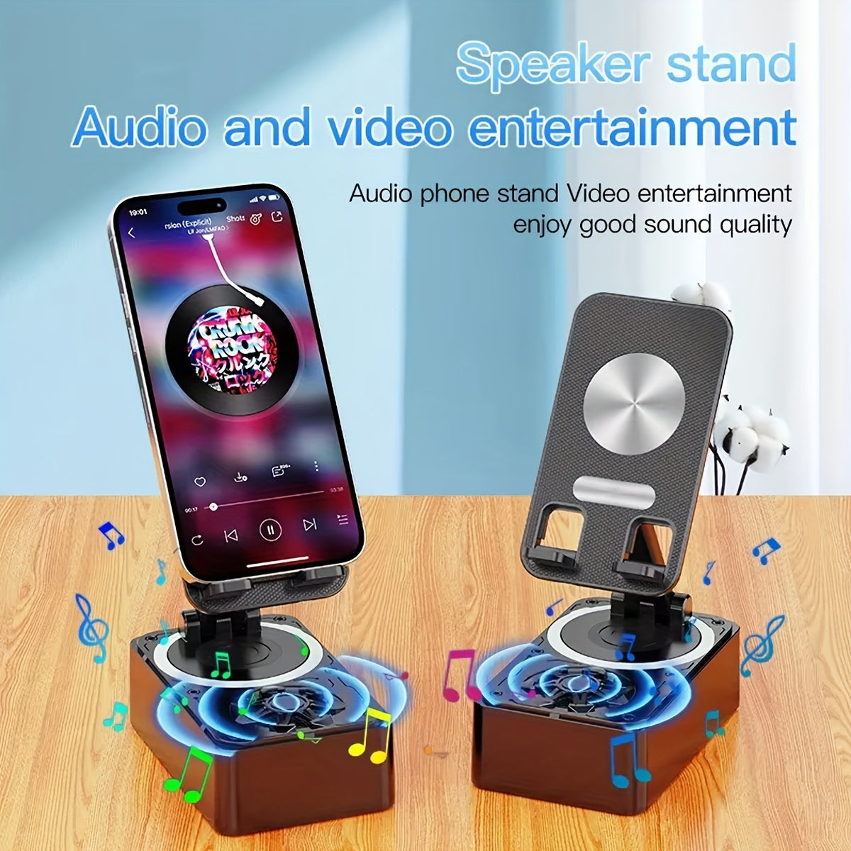 3-in-1 Portable Cell Phone Stand - Wireless Speaker with HD Surround Sound, Induction Speaker, Compatible with Any Smartphones, Phones, and Tablets for Home and Outdoor Use