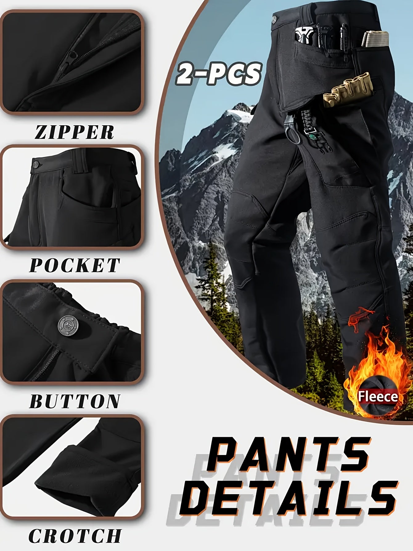 Men's 2pcs Fleece-Lined Hooded Jacket & Pants Set - Windproof Softshell Winter Clothing, Full-Zip Mummy-Like Zipper, Multi-Pocket Shell (Grey/Black) for Skiing, Hiking, Snow Sports - Thermal Outfit, Mens Clothes, Workwear For