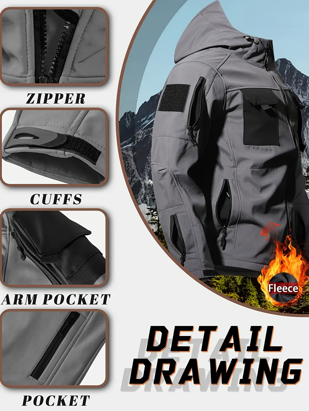 Men's 2pcs Fleece-Lined Hooded Jacket & Pants Set - Windproof Softshell Winter Clothing, Full-Zip Mummy-Like Zipper, Multi-Pocket Shell (Grey/Black) for Skiing, Hiking, Snow Sports - Thermal Outfit, Mens Clothes, Workwear For