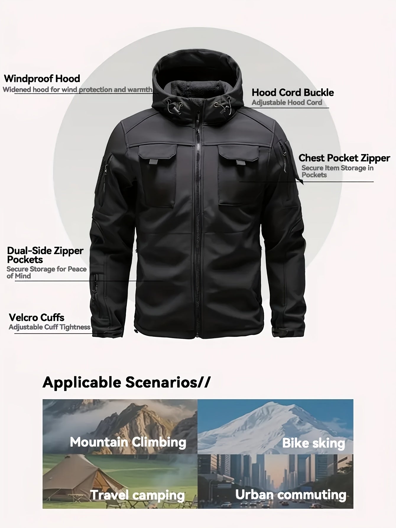 Men's 2pcs Fleece-Lined Hooded Jacket & Pants Set - Windproof Softshell Winter Clothing, Full-Zip Mummy-Like Zipper, Multi-Pocket Shell (Grey/Black) for Skiing, Hiking, Snow Sports - Thermal Outfit, Mens Clothes, Workwear For