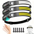 3pcs Rechargeable Headlamp + 6 Hooks Set, 230° Wide Beam Head Lamp, Motion Sensor COB&LED Headlamp Rechargeable, 5 Mode Headlamps For Adults, Bright Head Lights For Forehead, Hard Hat Headlight, Headband Flashlight For Work,