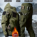 Men's 2pcs Fleece-Lined Hooded Jacket & Pants Set - Windproof Softshell Winter Clothing, Full-Zip Mummy-Like Zipper, Multi-Pocket Shell (Grey/Black) for Skiing, Hiking, Snow Sports - Thermal Outfit, Mens Clothes, Workwear For