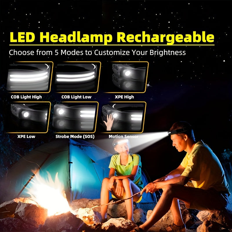 3pcs Rechargeable Headlamp + 6 Hooks Set, 230° Wide Beam Head Lamp, Motion Sensor COB&LED Headlamp Rechargeable, 5 Mode Headlamps For Adults, Bright Head Lights For Forehead, Hard Hat Headlight, Headband Flashlight For Work,