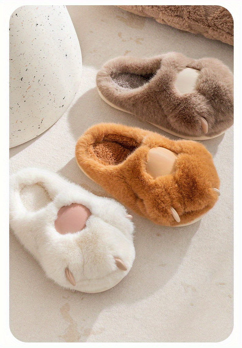 Kawaii Cat Plush Slippers, Warm Fuzzy Slip-On Mules for Women, Cozy Home Slippers