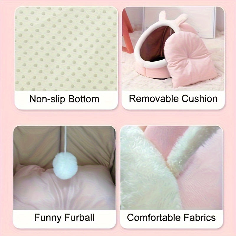 Soft Comfort Cat Cave Bed - 1pc One Cat House Tent with Washable Cushioned Pillow, Anti Slip Bottom