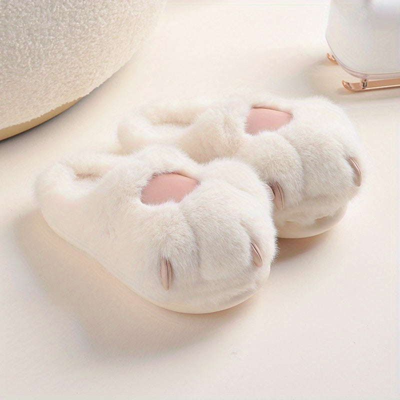 Kawaii Cat Plush Slippers, Warm Fuzzy Slip-On Mules for Women, Cozy Home Slippers
