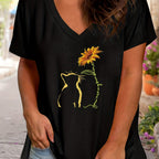 Plus Size Women's Relaxed Fit Cat & Sunflower Print Short Sleeve V Neck Casual T-Shirt with Slight Stretch for Comfortable Wear