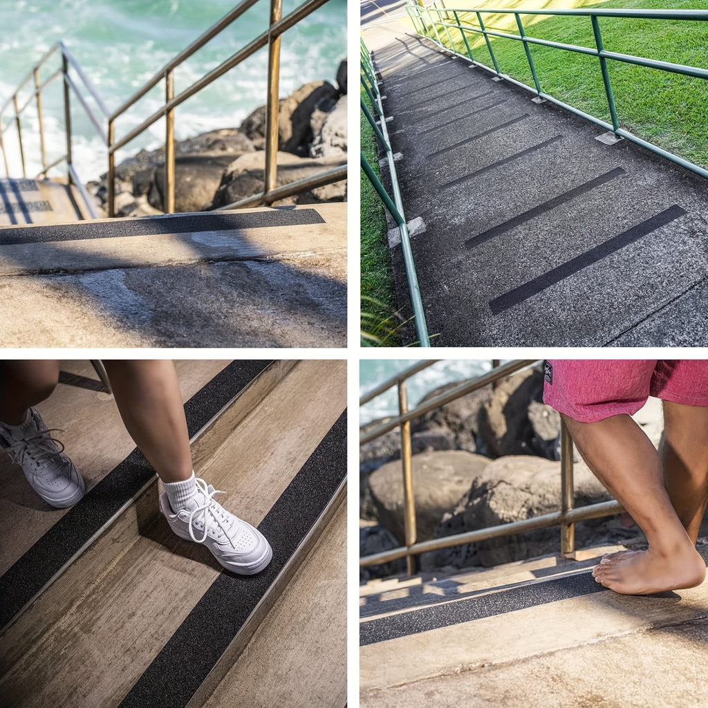 Heavy Duty Non-Slip Outdoor Stair Treads - 4x30 Inch (10-Pack) Industrial/Sturdy Adhesive Step Grips with Pre-Cut 80 Grit Anti-Slip Tape - All-Weather Vinyl Treads for Stairs, Decks, Skateboards, Commercial/Residential Use -