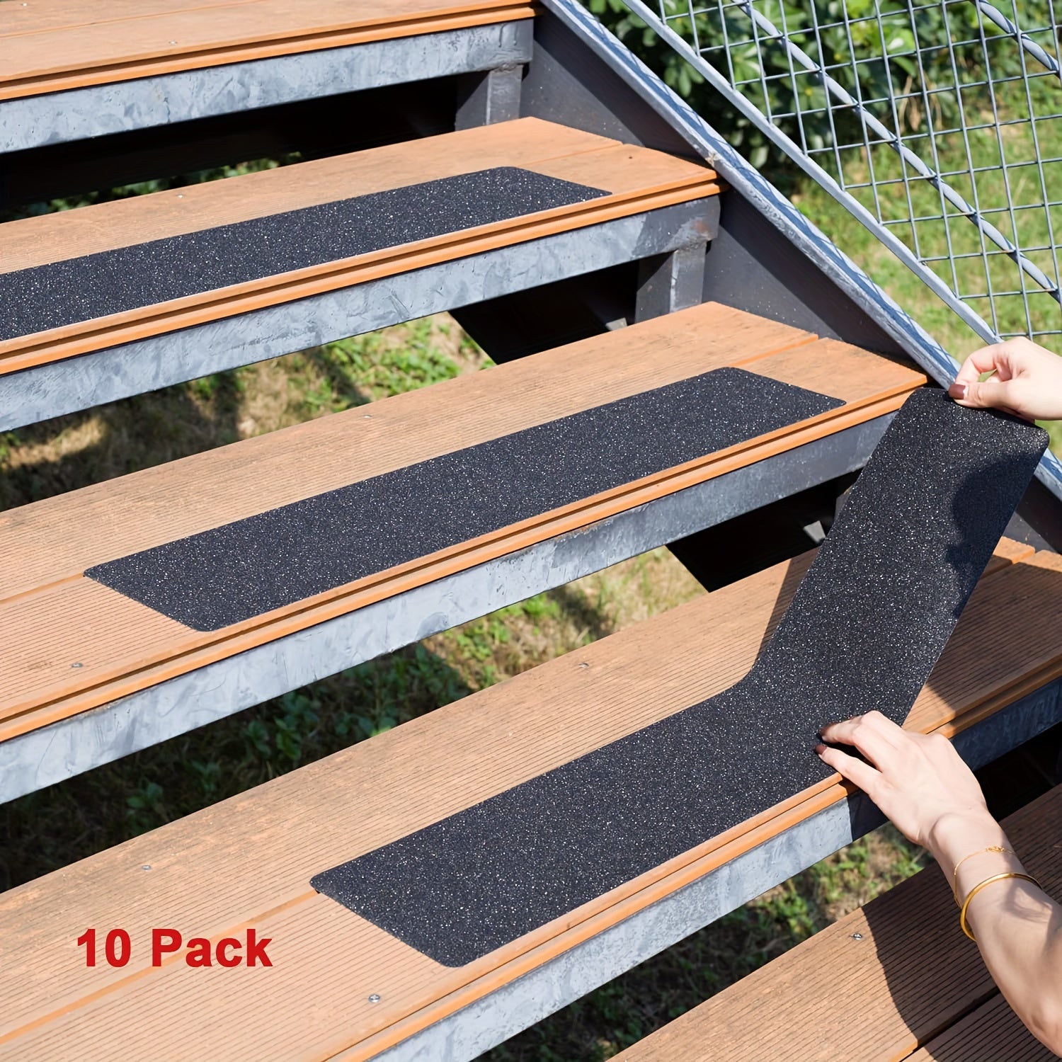 Heavy Duty Non-Slip Outdoor Stair Treads - 4x30 Inch (10-Pack) Industrial/Sturdy Adhesive Step Grips with Pre-Cut 80 Grit Anti-Slip Tape - All-Weather Vinyl Treads for Stairs, Decks, Skateboards, Commercial/Residential Use -