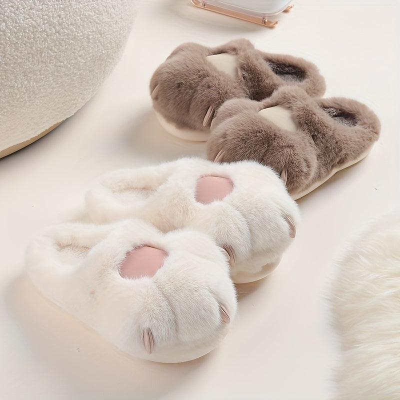 Kawaii Cat Plush Slippers, Warm Fuzzy Slip-On Mules for Women, Cozy Home Slippers