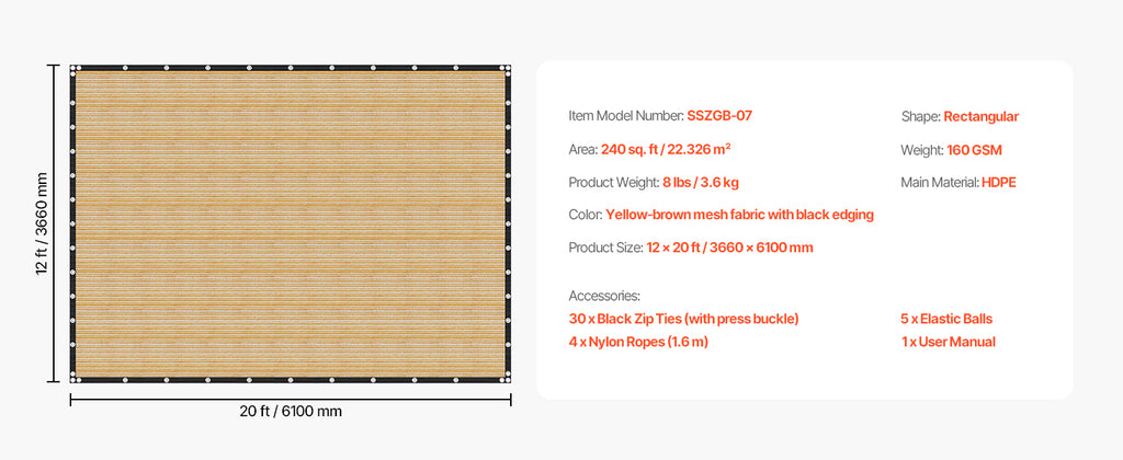 SucceBuy 90% Sun Shade Cloth 10x10/12/20ft Pergola Shade Cover 140 GSM HDPE Canopy Privacy Screen for Outdoor Garden Backyard