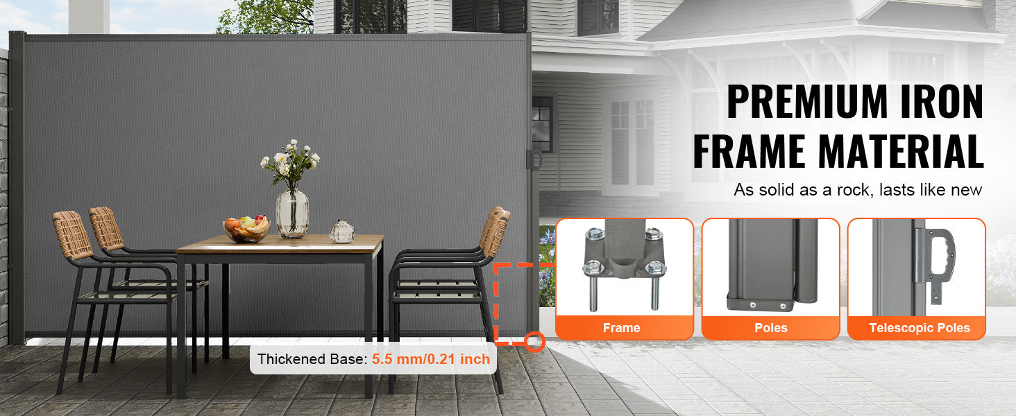 SucceBuy Retractable Side Awning Outdoor Privacy Polyester Water-proof Retractable Patio Screen UV 30+ Room Divider Wind Screen