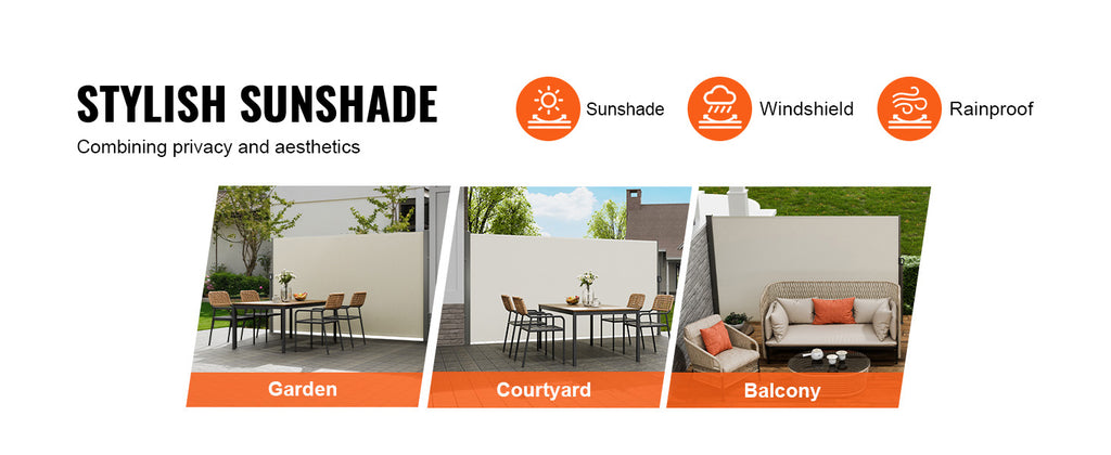 SucceBuy Retractable Side Awning Outdoor Privacy Polyester Water-proof Retractable Patio Screen UV 30+ Room Divider Wind Screen